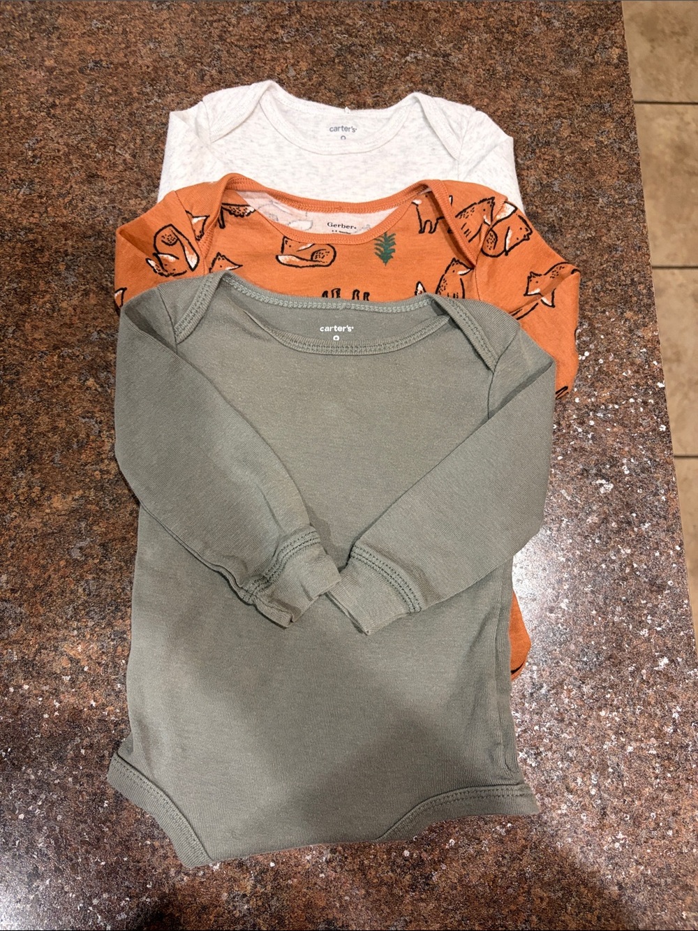 Carter's Long-Sleeve Bodysuit 3-Pack in Olive, Rust Fox Print, Heather